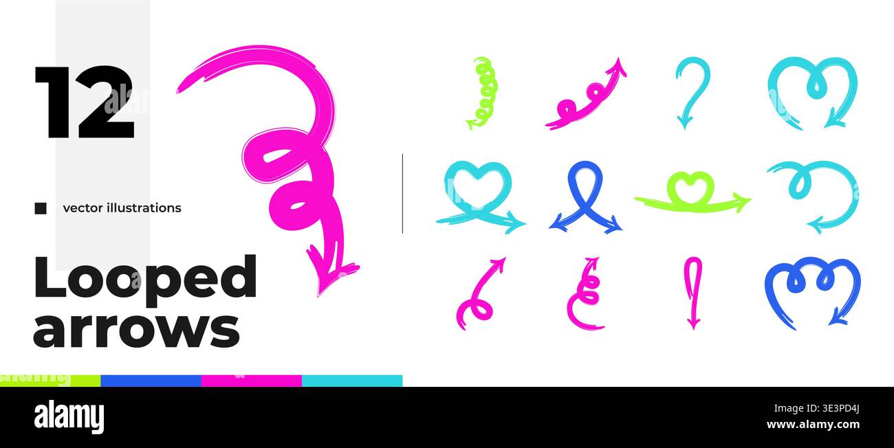 Curved looped multicolor bold thick stroke arrow set Stock Vector