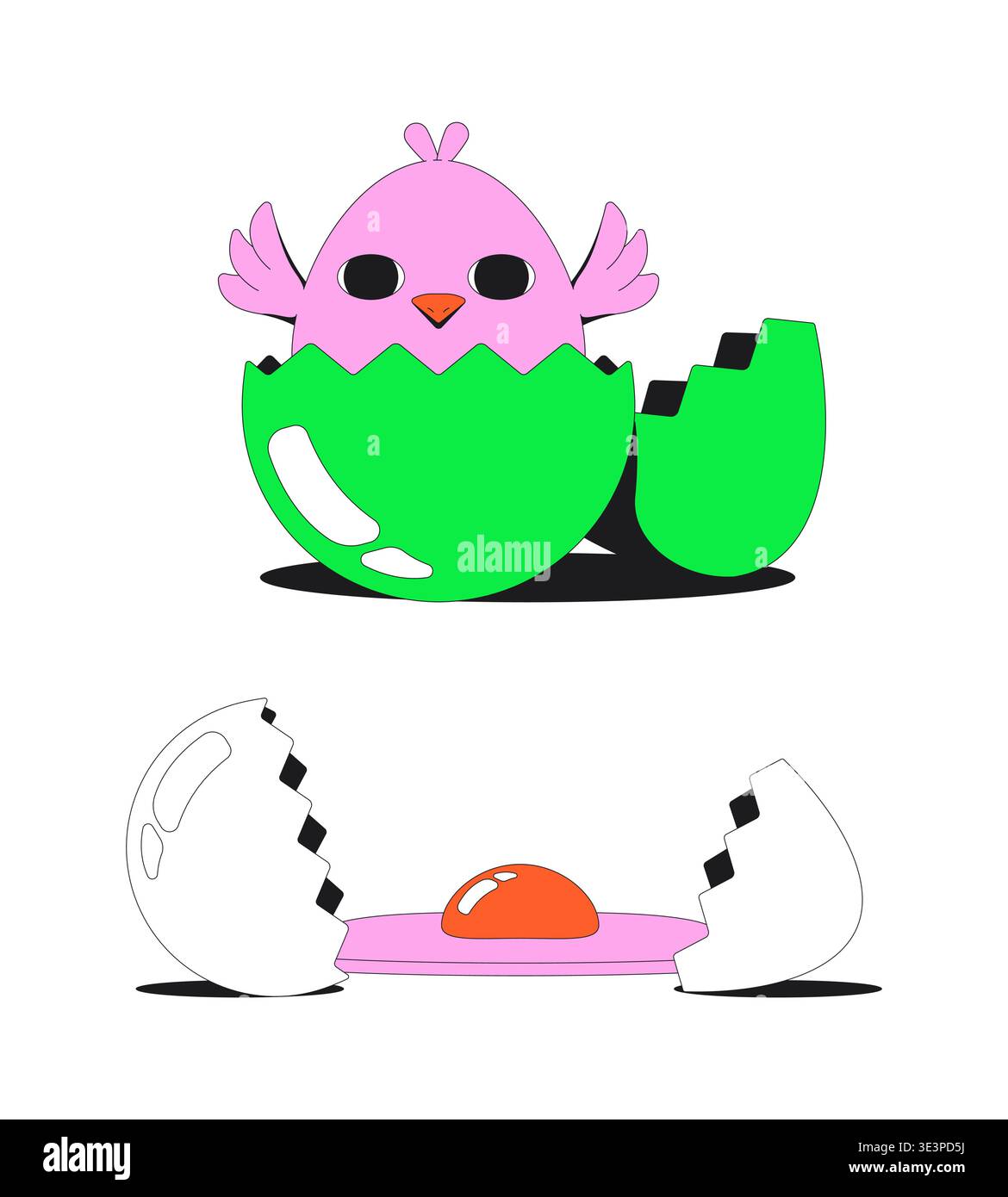 Cute chick hatching from egg modern flash message illustration set Stock Vector