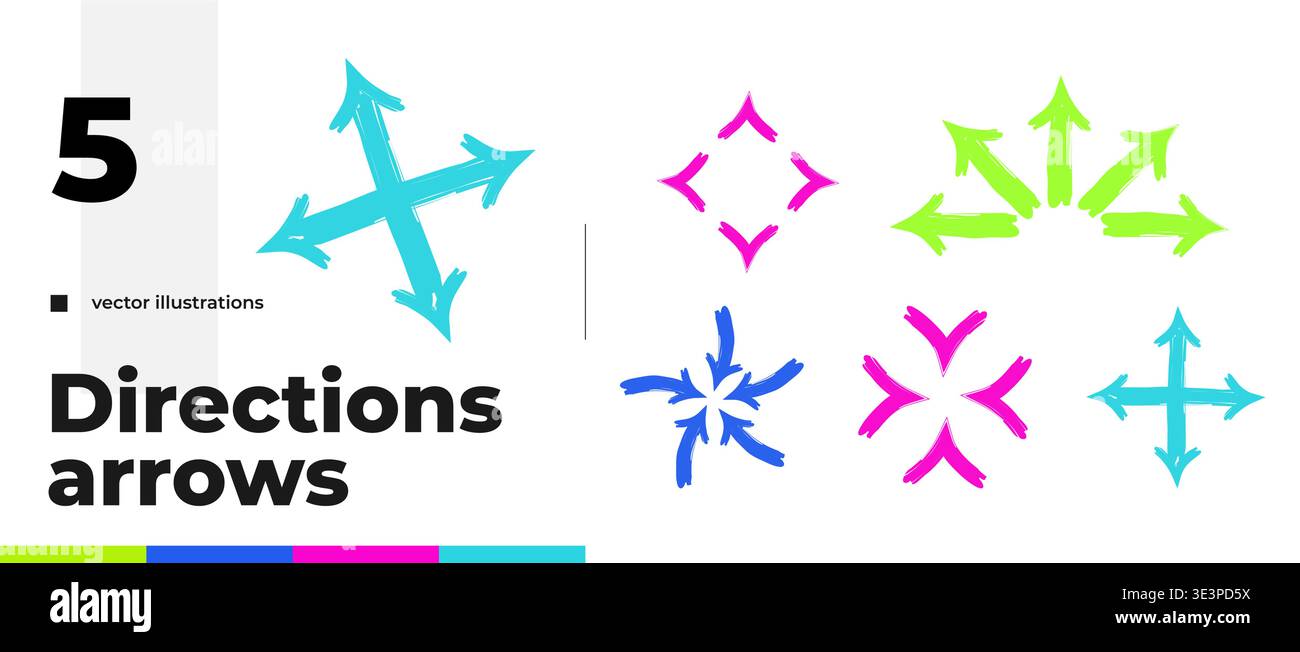 Multi direction multicolor bold thick stroke arrow set Stock Vector