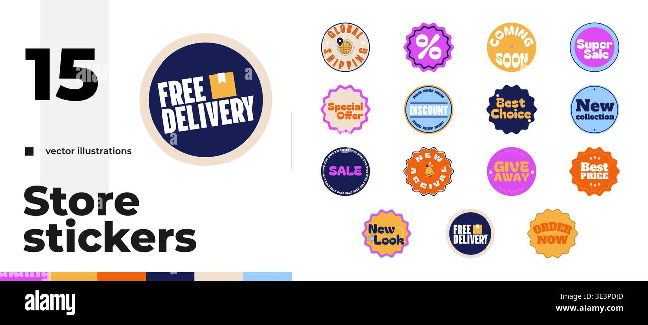 Modern store colorful sticker pack illustration Stock Vector
