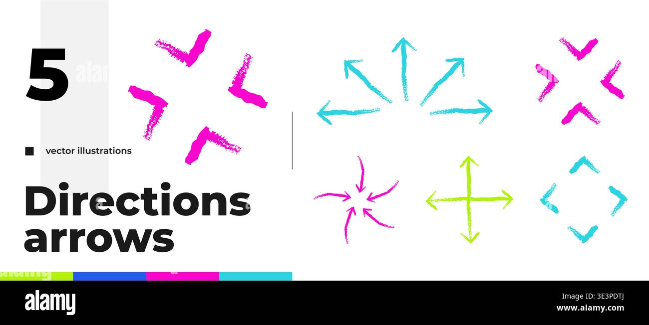 Directional multicolored grunge doodle arrow set Stock Vector