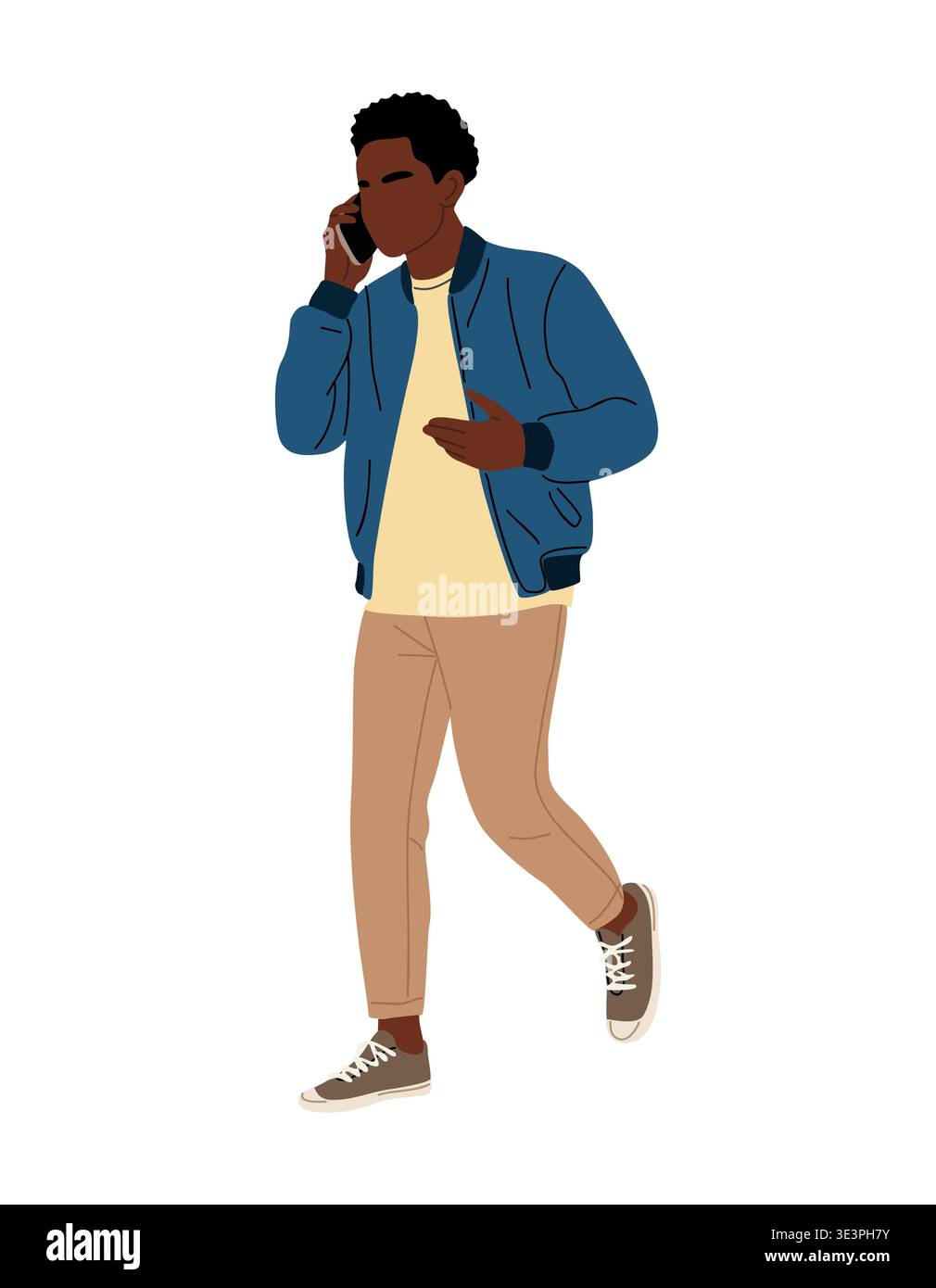 Black man walking and talking on a smartphone Stock Vector