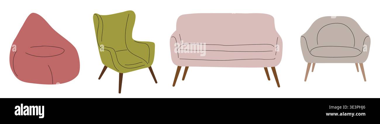 Mid century modern different chairs set isolated Stock Vector