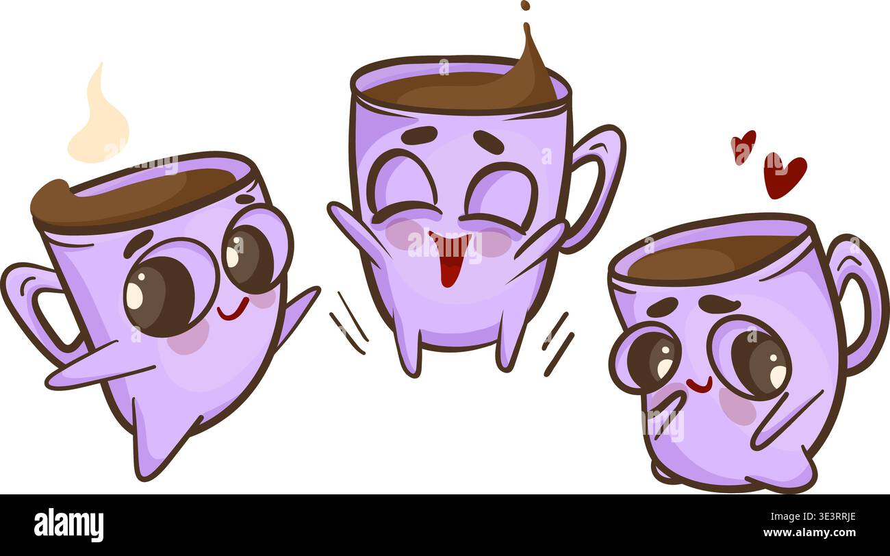 Cute cartoon cups with emotions, vector illustration. Stock Vector