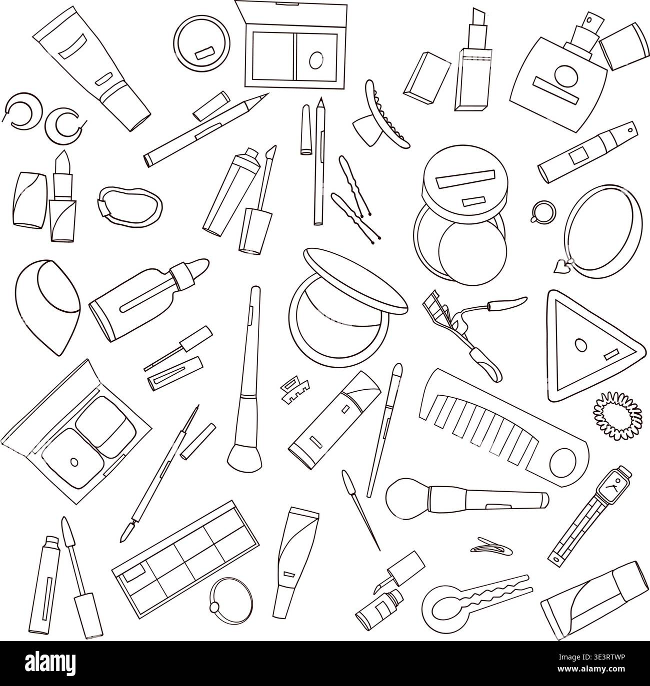 Beauty Cosmetics Outline Seamless Pattern on transparent Background, Makeup Tools Vector Illustration Stock Vector