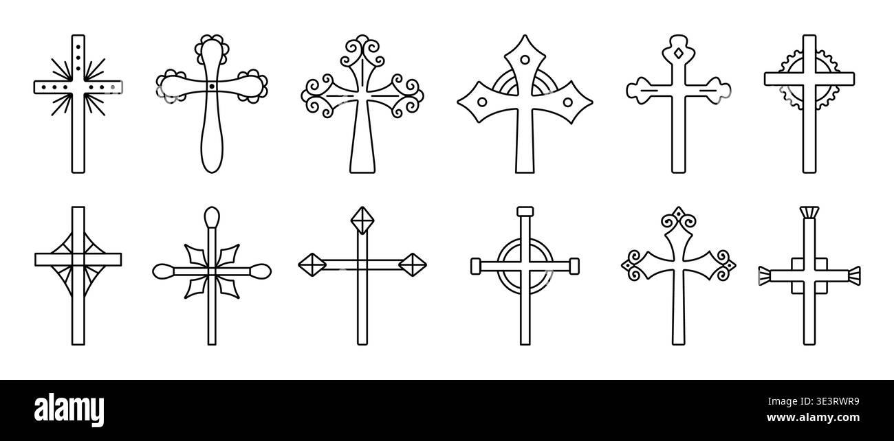 Christian cross black line icon set. Monochrome outline decorative sign collection, editable stroke isolated religious symbols, elegant and stylish va Stock Vector