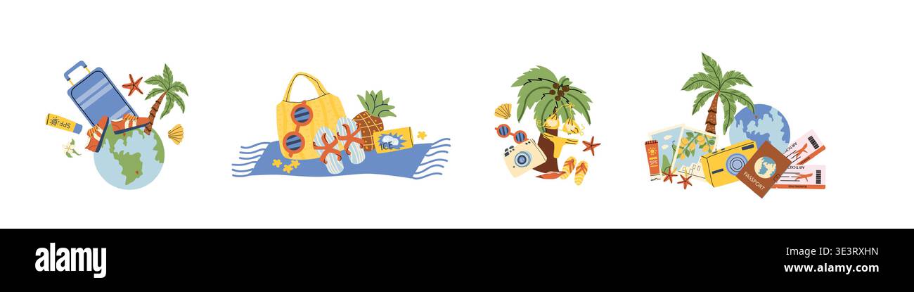 Summer vacation compositions set. Luggage elements on globe, Beach accessories, mediterranean icons, tropical coastal illustrations. Stock Vector