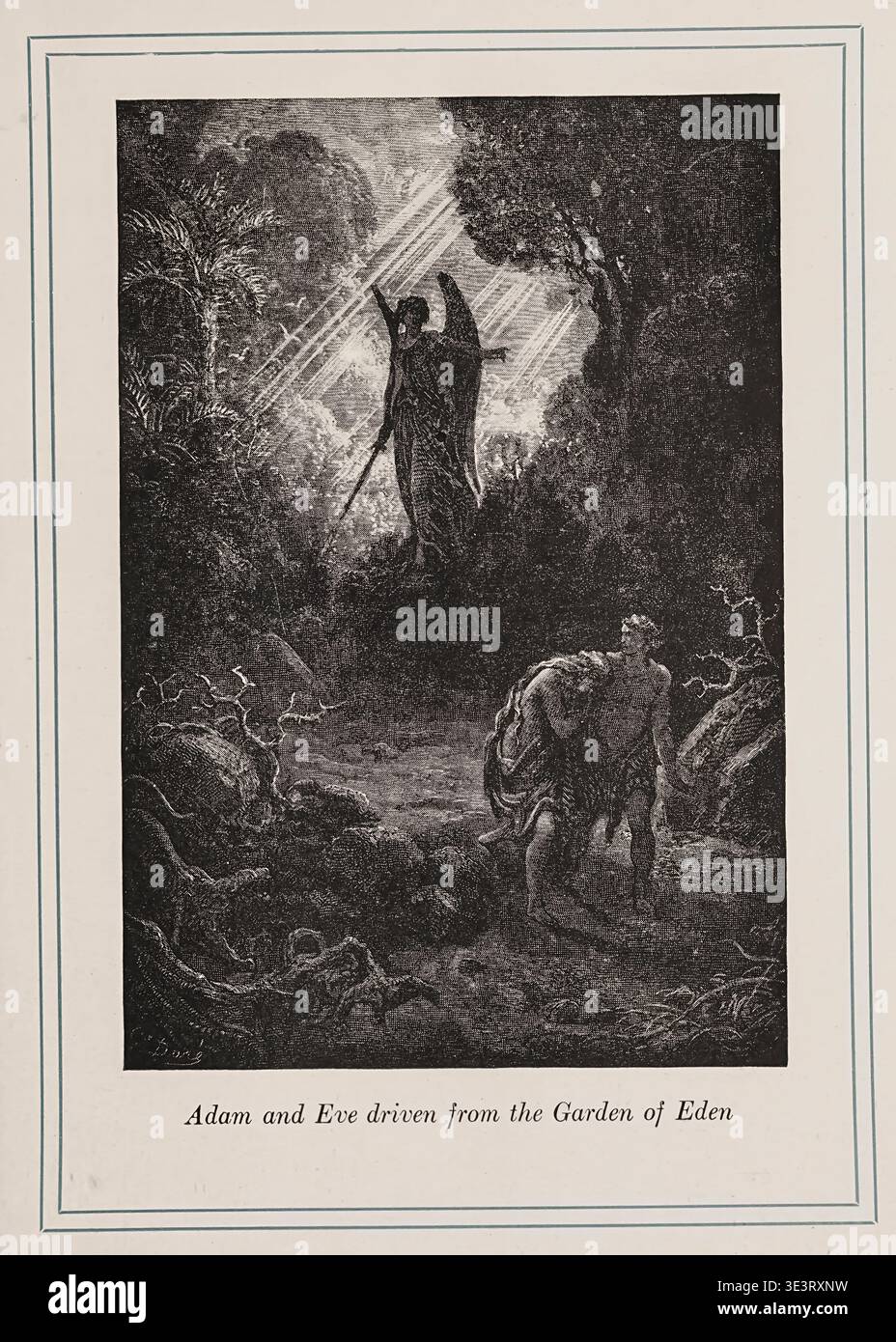 Adam and Eve being expelled from the lush Garden of Eden by a winged ...