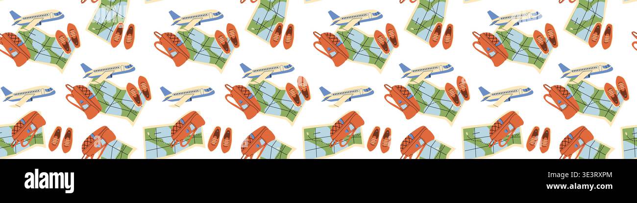 Travel suitcases and globe seamless pattern. Tourism elements texture. Plane, map and backpack print. Stock Vector