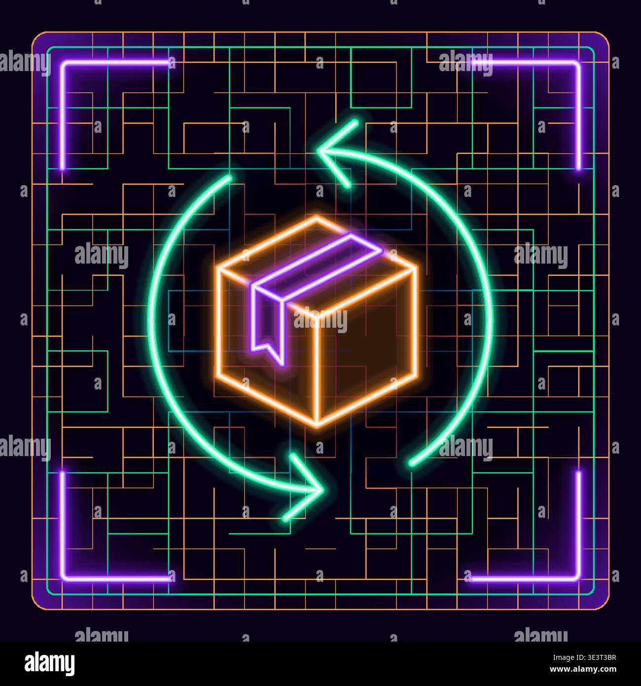 Delivery box, package return. Futuristic tech editable glowing illustration. Cargo shipping business concept. Stock Vector