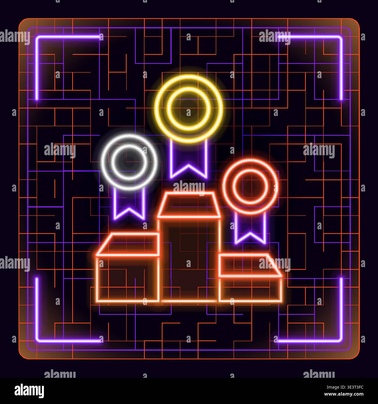 Podium and medals illustration. First, second and third place winners. Glowing icon with border grid vector. Stock Vector