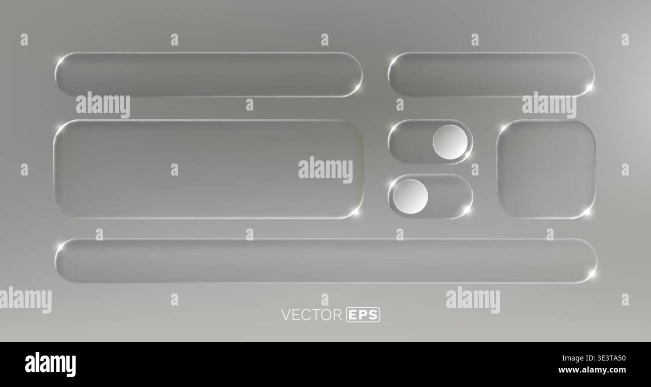 Sleek glassmorphic user interface elements set for modern design. Empty buttons, toggles, and fields. Vector illustration. Stock Vector
