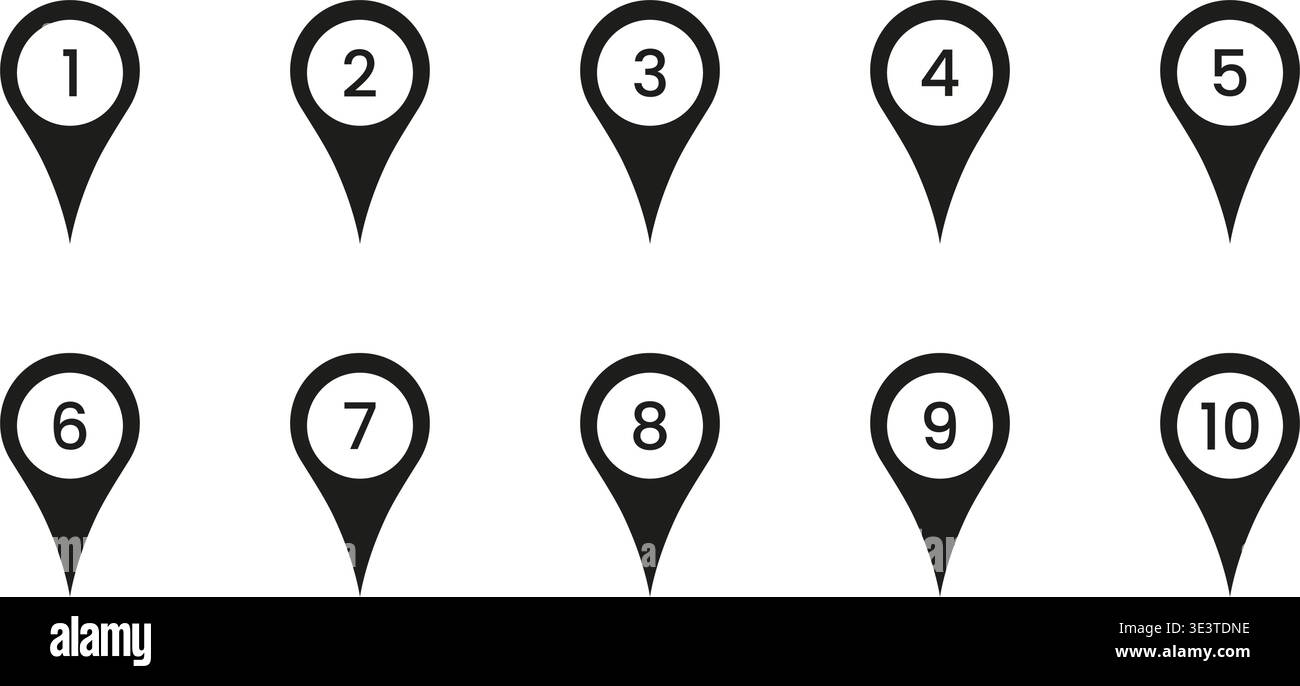 Black Numbered Location Pin Solid Icon Set. Sequential Map Marker Silhouette Symbol Collection. Navigation, Geolocation, And Wayfinding Design Stock Vector