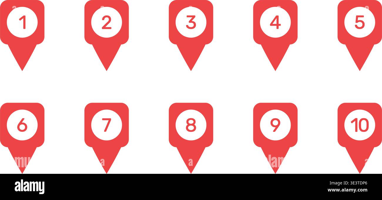Numbered Location Pin Solid Icon Set. Sequential Navigation, Route Planning, And Geolocation Markers Silhouette Symbol Collection. Map Pointer With Stock Vector