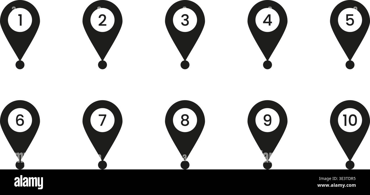 Black Numbered Location Pin Solid Icon Set. Sequential Map Marker Silhouette Symbol Collection. Navigation, Geolocation, And Wayfinding Design Stock Vector