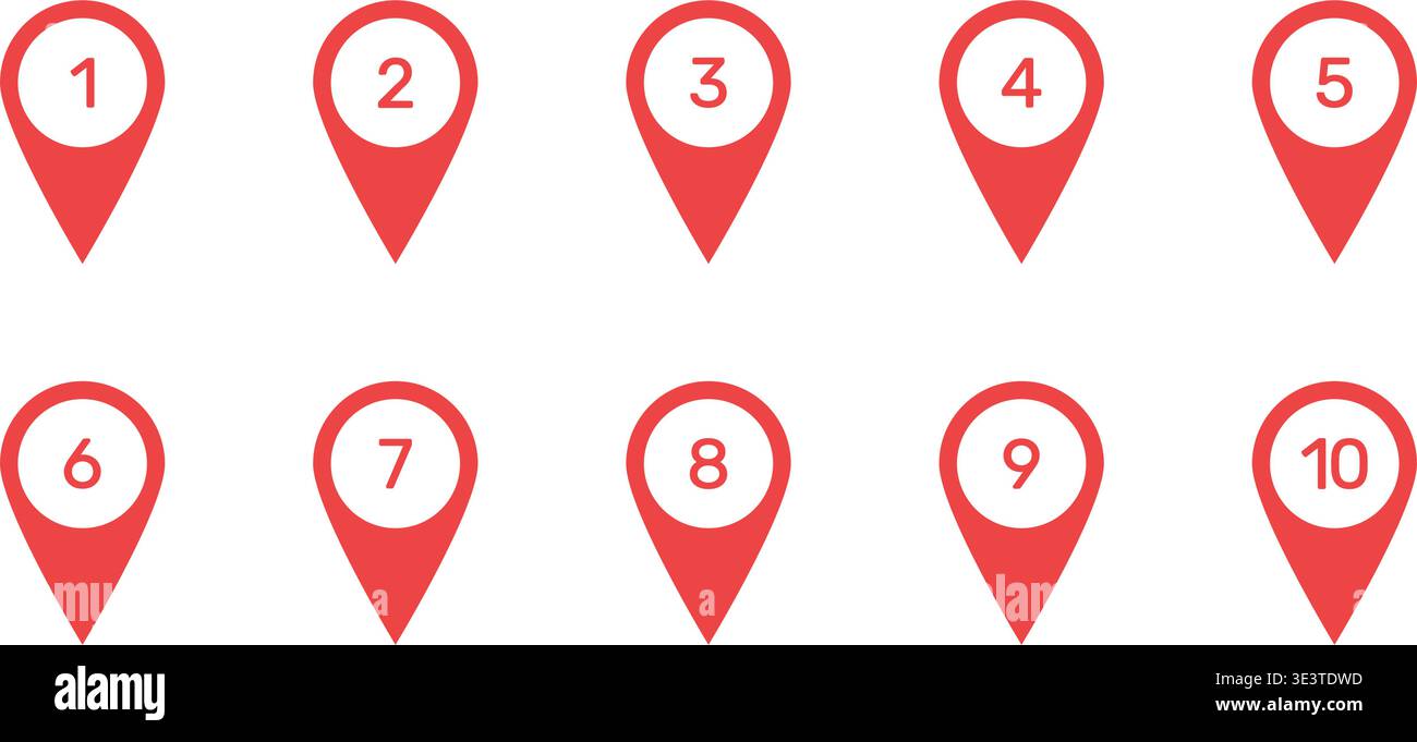 Numbered Location Pin Solid Icon Set. Sequential Navigation, Route Planning, And Geolocation Markers Silhouette Symbol Collection. Map Pointer With Stock Vector