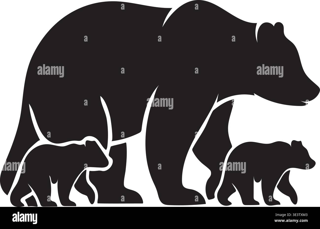 A black silhouette of a mother bear standing with her two small bear ...