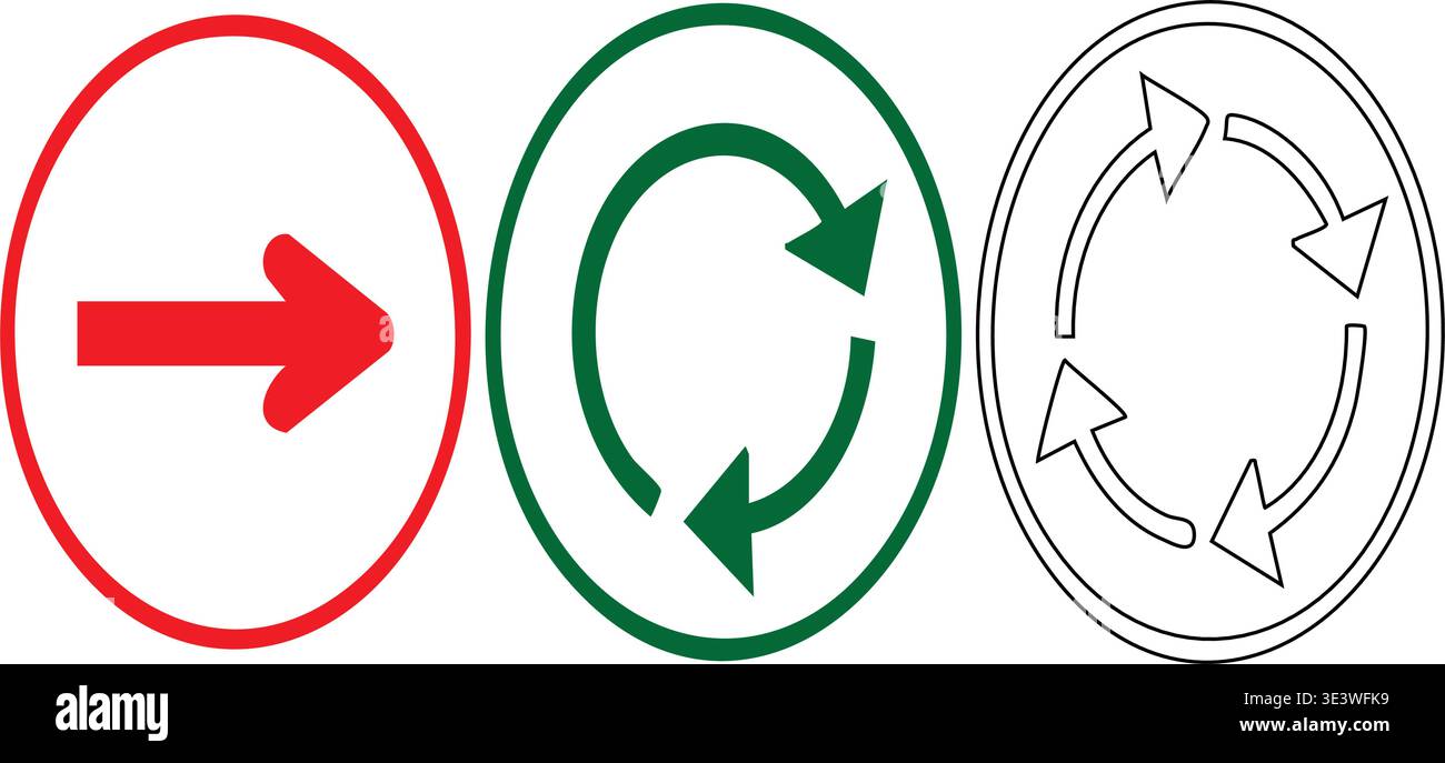 Three circular arrows indicating different directions and actions Stock Vector
