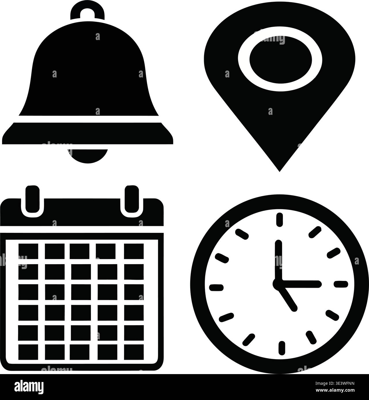 Icons for notification, location, calendar, and clock Stock Vector