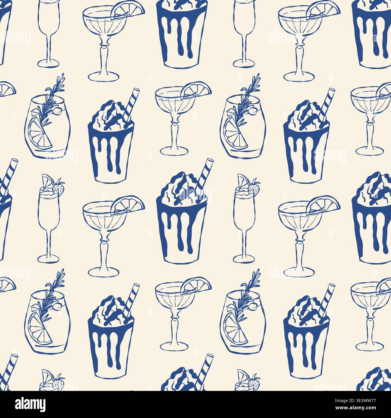 Blue line art pattern of cocktails and drinks on cream background. Includes margaritas, ice cream sundaes, and lemon slices. Pattern repeats seamlessl Stock Vector
