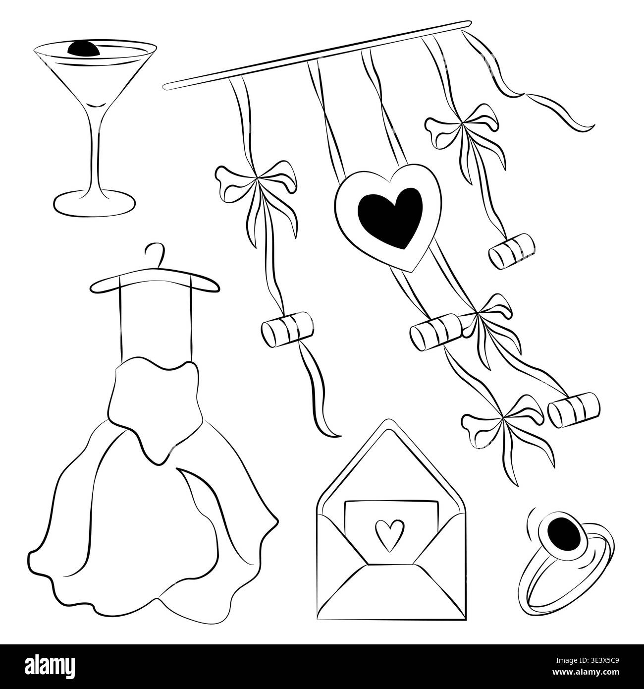 Hand-drawn wedding decor elements such as brides dress, wedding ring, cocktail and just married car sign Stock Vector
