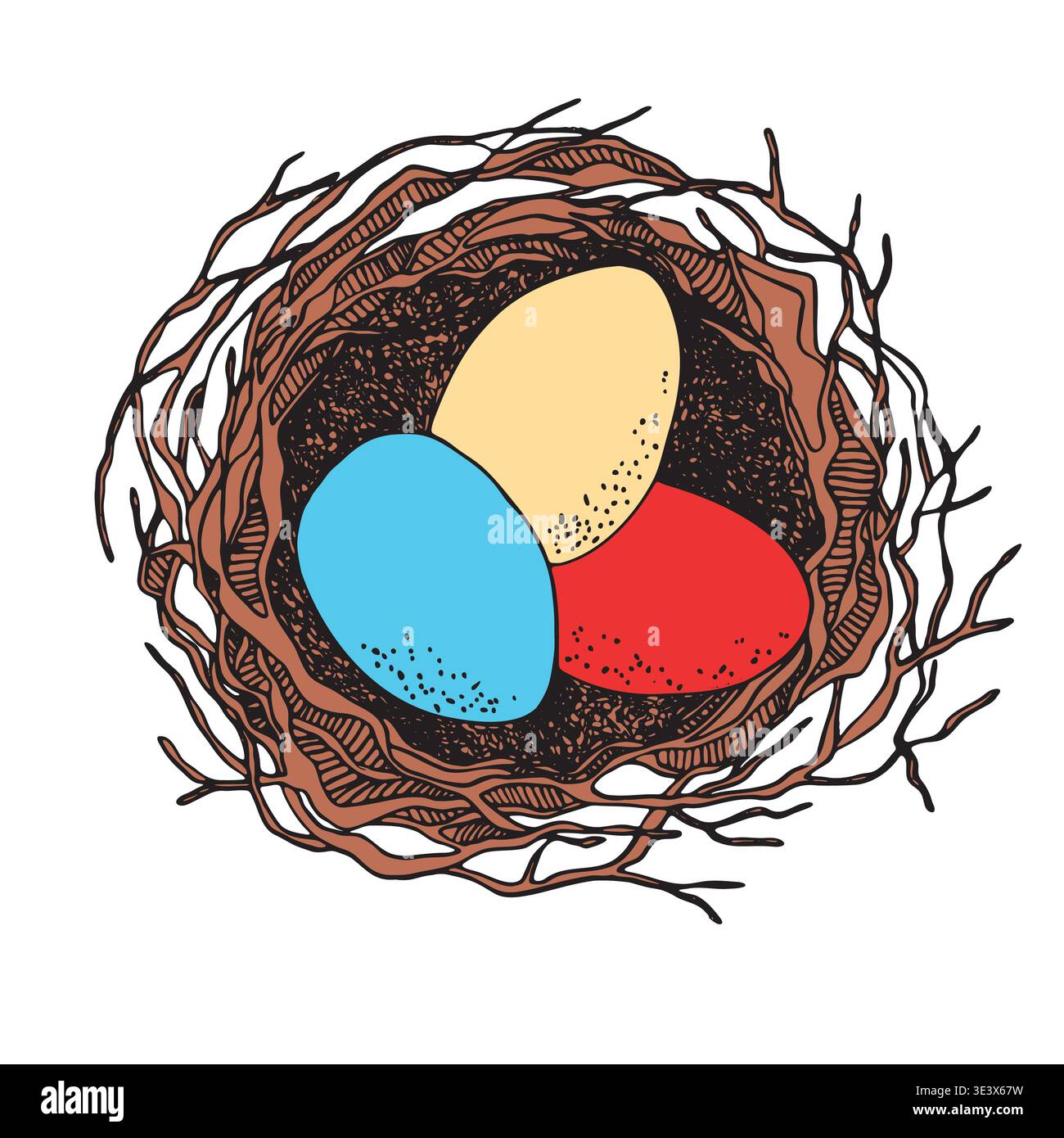 Bird nest with eggs. Easter hand drawn vector illustration, template design Stock Vector
