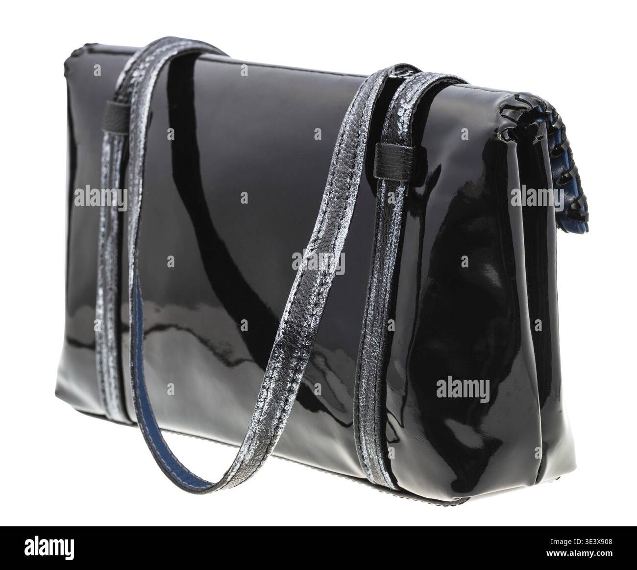 Back view of black patent leather wallet against white background Stock Photo