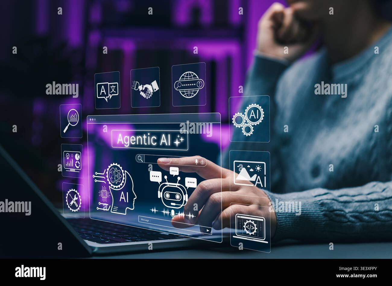 Agentic AI technology concept. Person using laptop with artificial intelligence interface of robot assistant, data processing, and smart automation Stock Photo