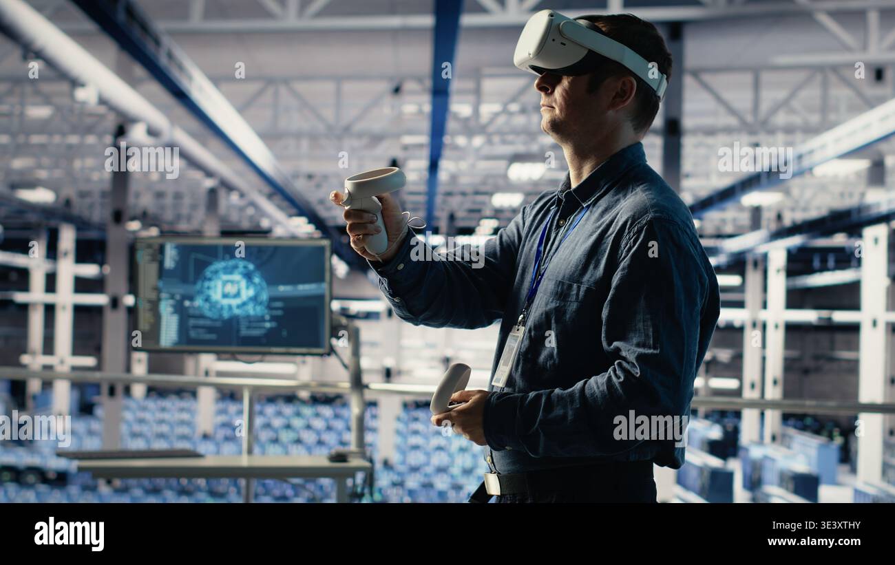 Programmer in server room wearing VR headset optimizing deep learning systems handling tasks. Data center IT specialist adjusting AI model parameters using virtual reality, camera B Stock Photo