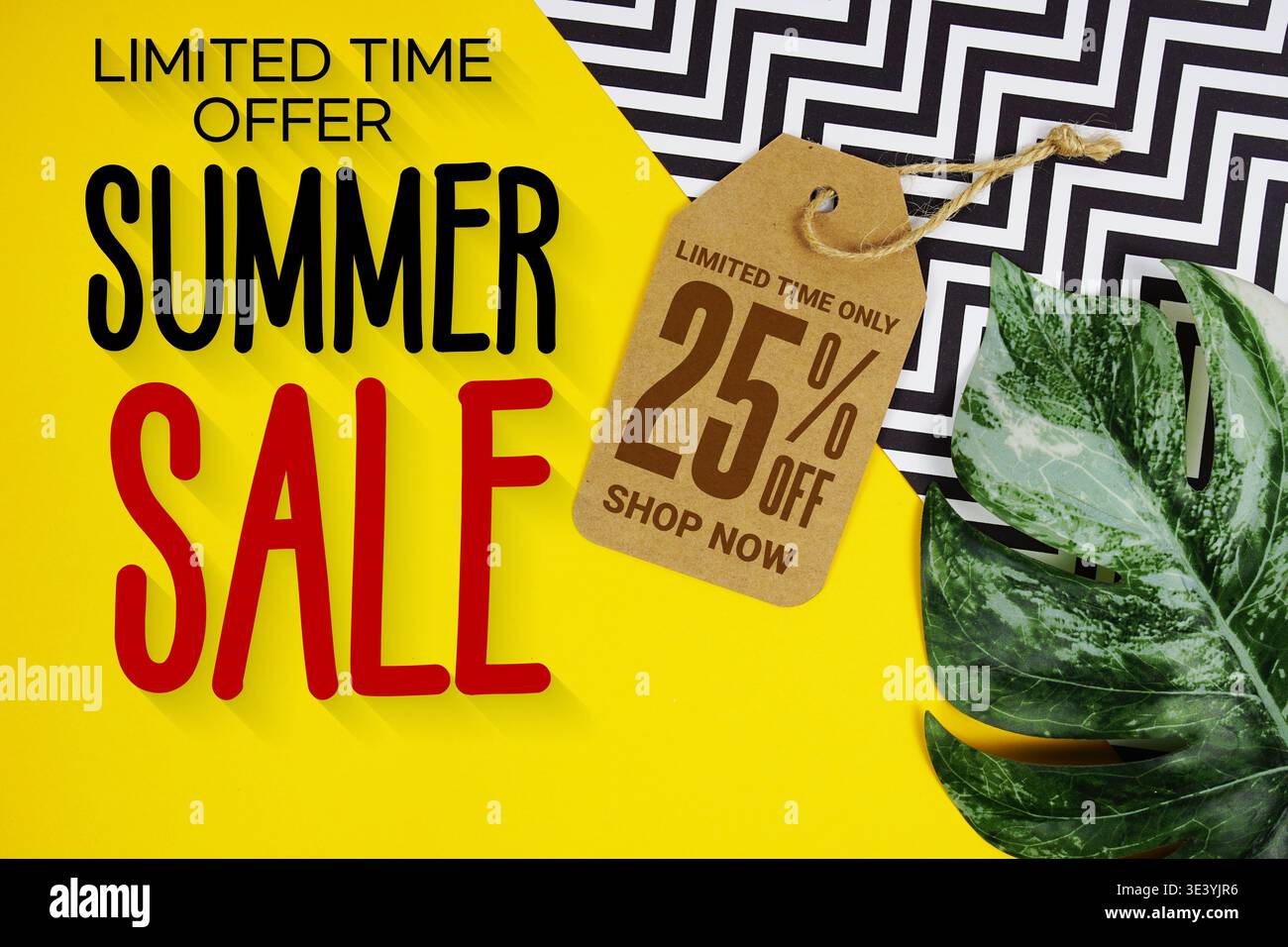Summer Sale 25% with Price tag and summer decorations on yellow 