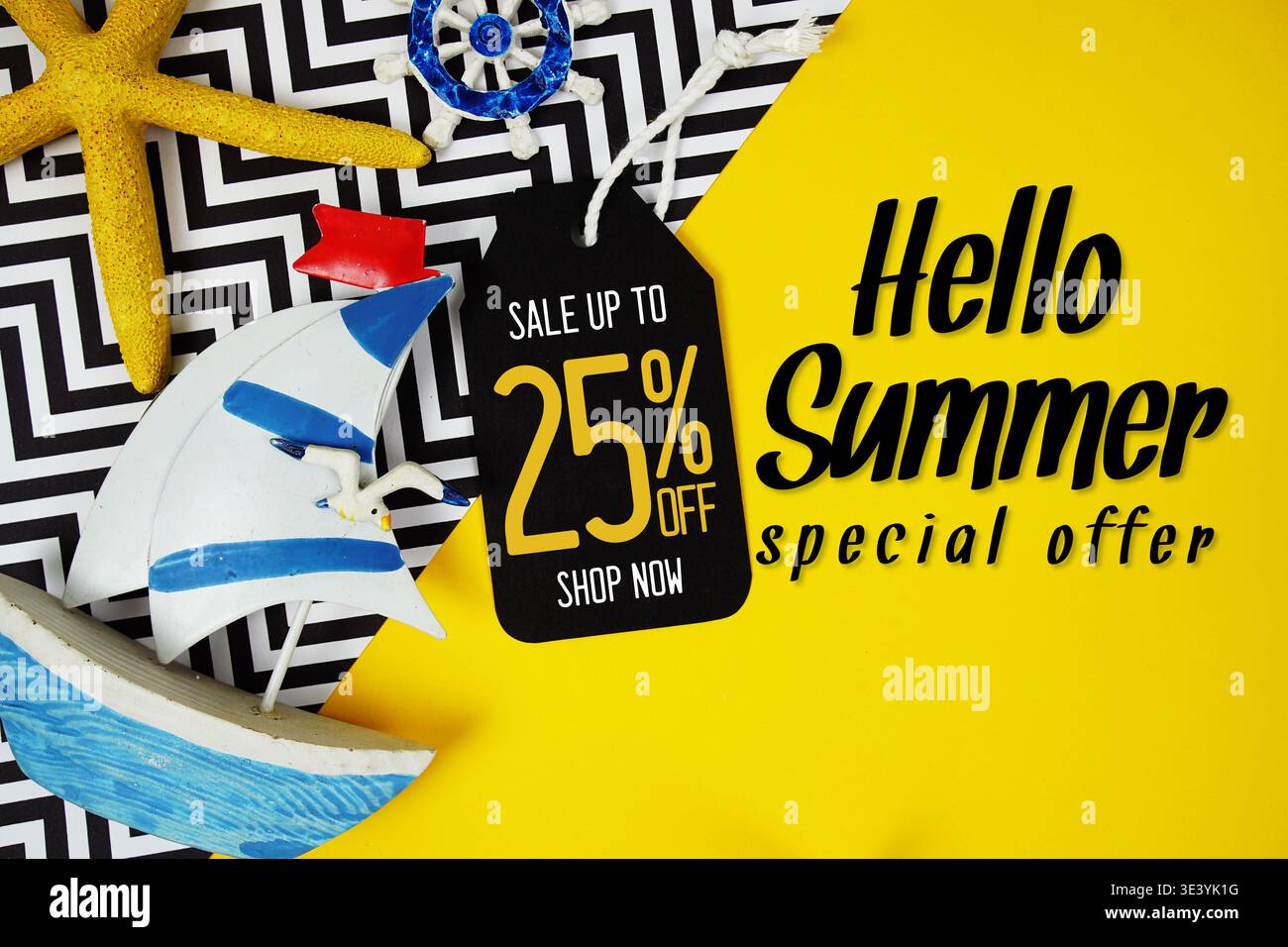 Hello Summer Sale 25% with Price tag and summer decorations on 