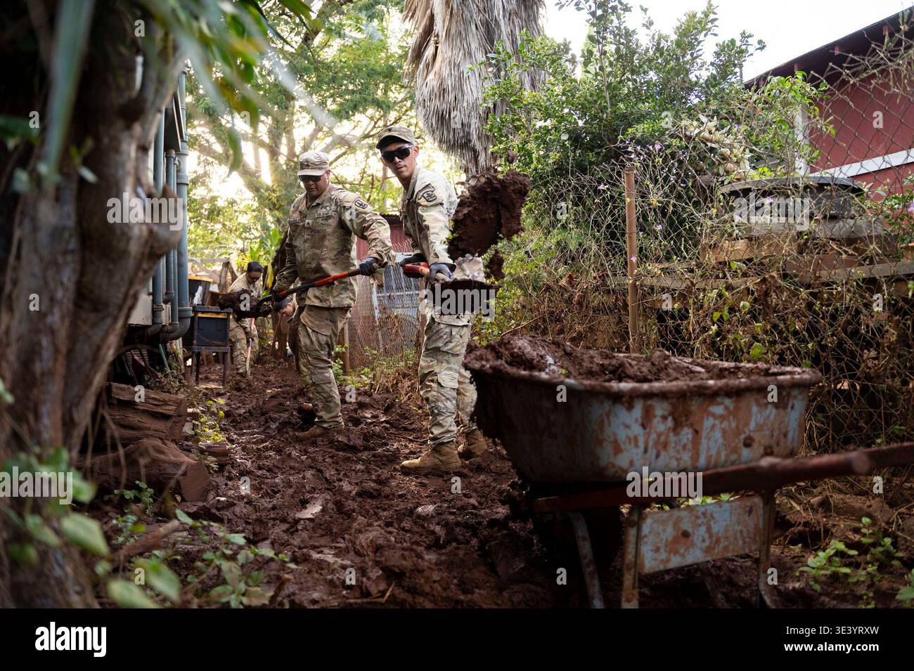 Soldiers shovel mud into a wheelbarrow during cleanup efforts following ...