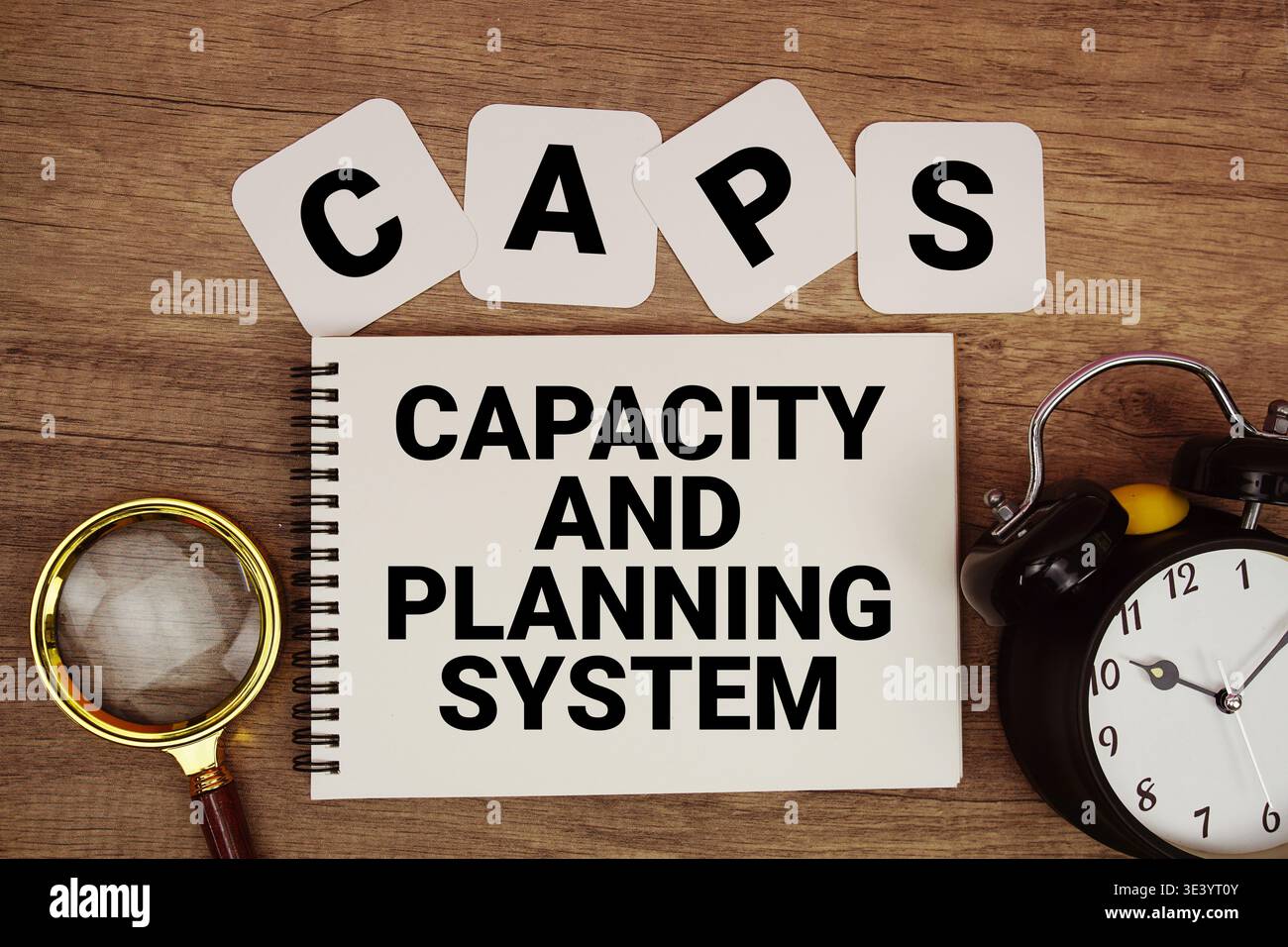 CAPS Capacity And Planning System text written on notepad with magnifying glass and alarm clock on wooden background Stock Photo