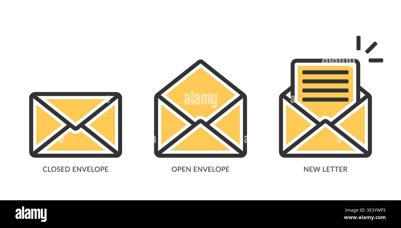 Envelope or mail icons set, open and closed envelopes, new letter icon, vector eps10 illustration Stock Vector