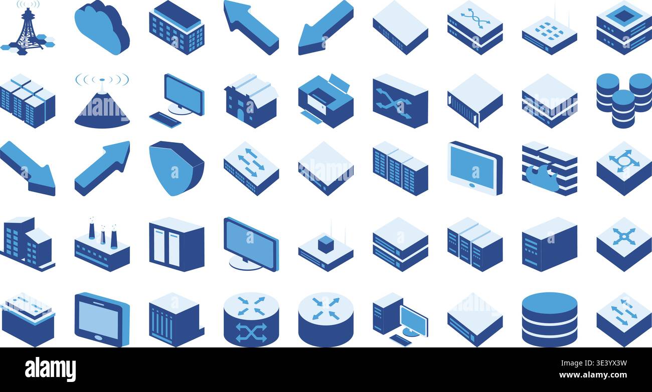 Data Center Network Isometric Icons Set Vector, Server Database Cloud Technology 3D Symbols Collection Stock Vector