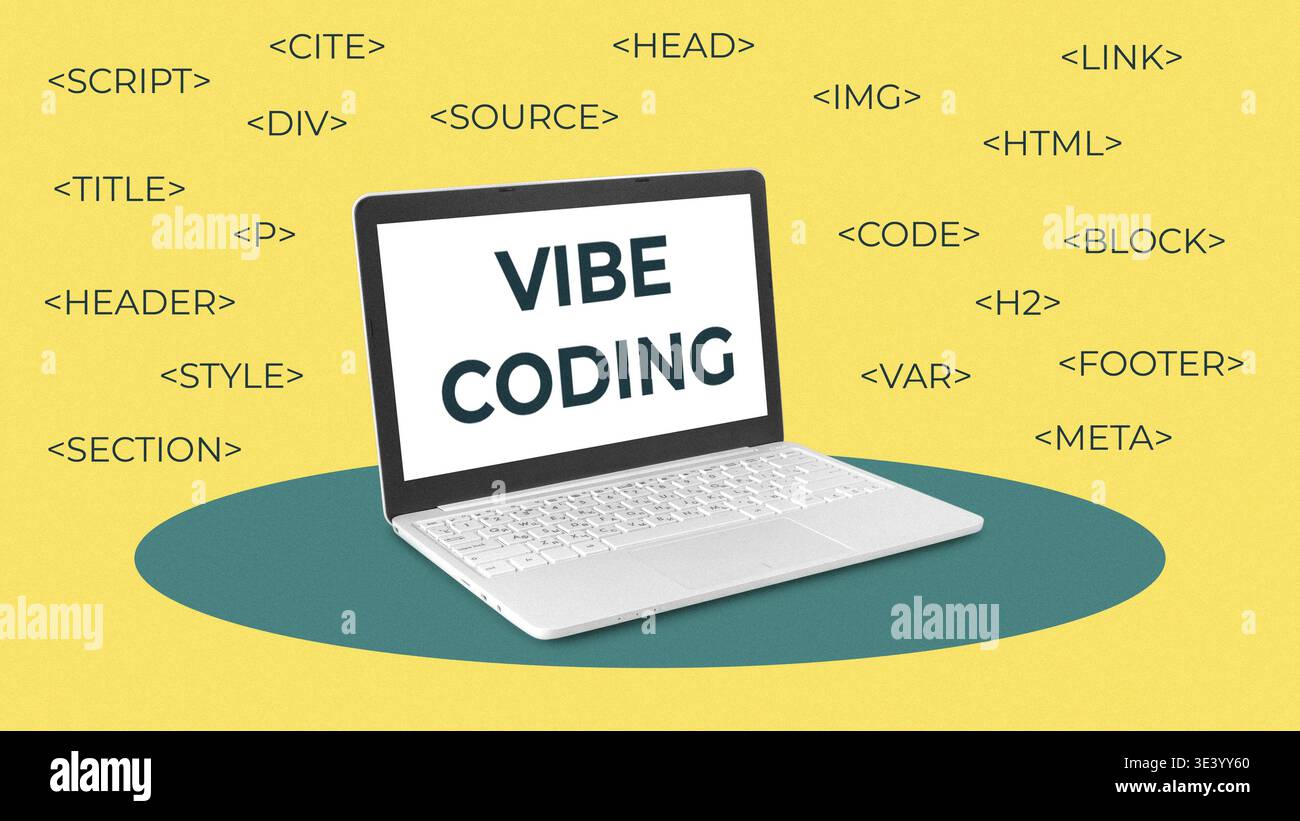 Learning to code with a laptop showing web development commands on a yellow background Stock Photo