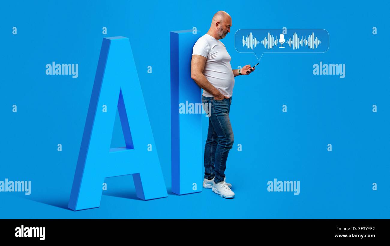 Man interacts with AI technology using a smartphone on a bright blue background Stock Photo
