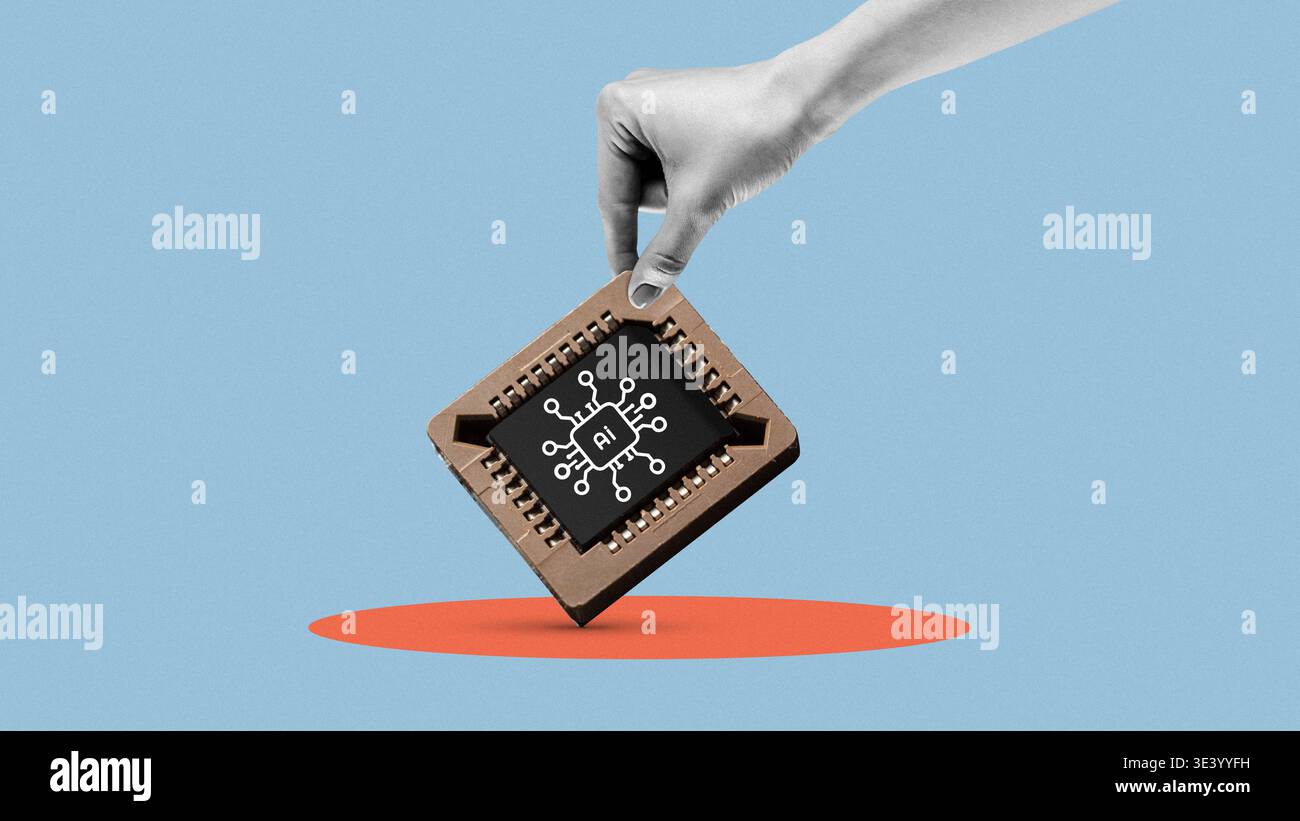A hand lifts a computer chip displaying AI design over a plain colored background in a tech setting Stock Photo