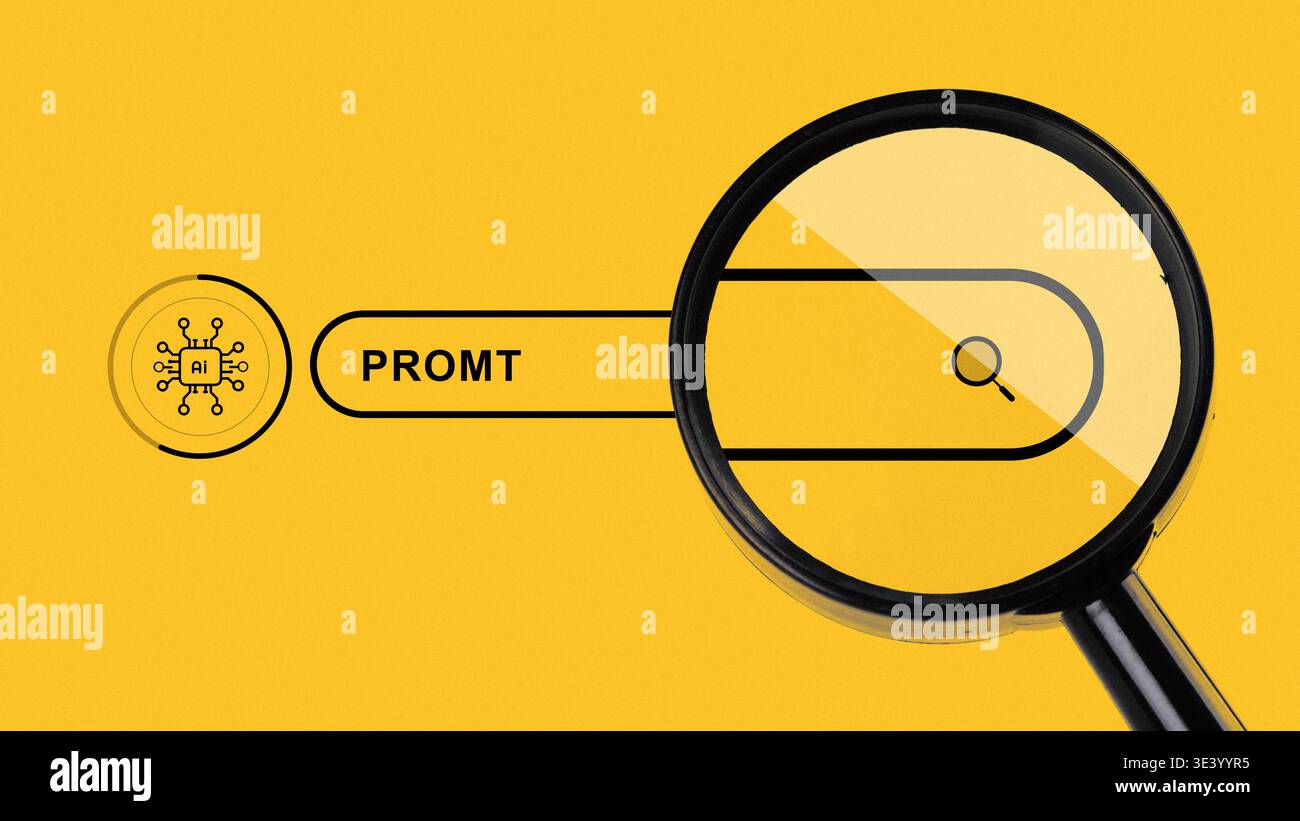 Searching for AI prompts using a magnifying glass on a yellow background in a digital setting Stock Photo