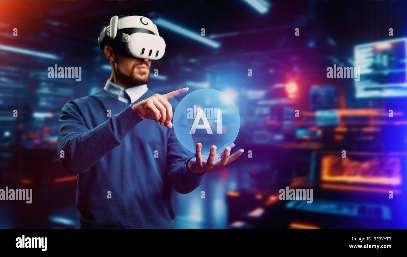 Man interacts with AI technology using virtual reality headset in a digital space Stock Photo