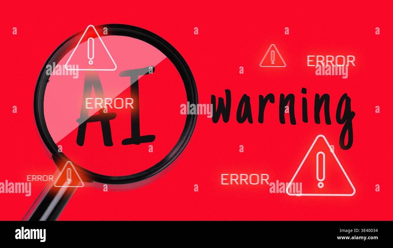 Warning message about AI errors with a magnifying glass on a red background Stock Photo