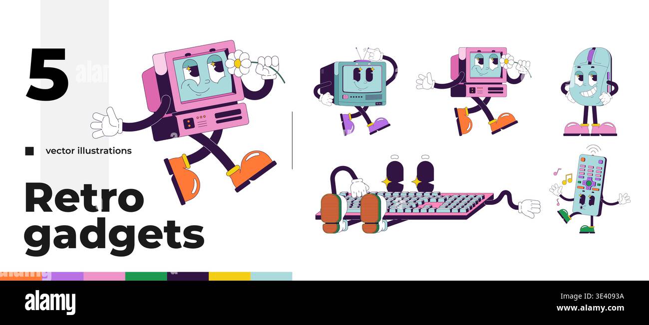Computer and tech groovy retro characters pack Stock Vector