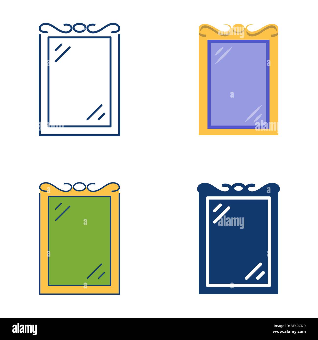Vertical rectangular mirror with decorated frame icon set. Vector illustration. Stock Vector