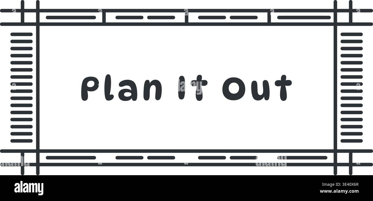 Structured planner card illustration featuring plan it out text centered inside a bordered panel with lined vertical detail sections on both sides. Stock Vector