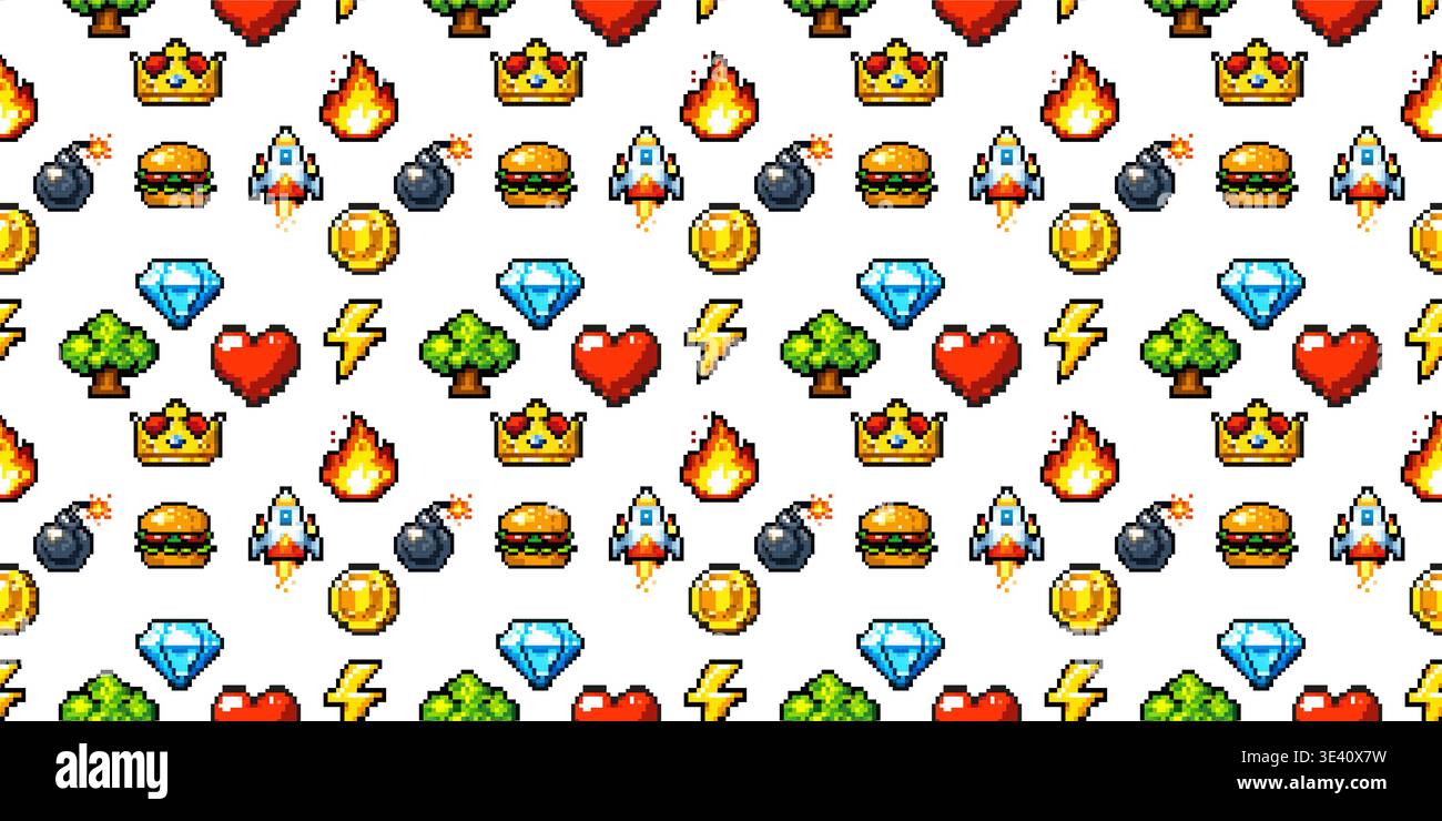 Pixel game icons seamless pattern showing retro arcade elements in repeating 8bit videogame background Stock Vector