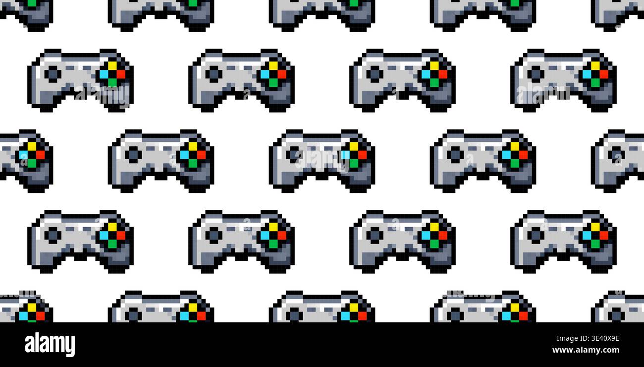 Pixel game controller seamless pattern forming a retro arcade videogame background with repeating icons Stock Vector