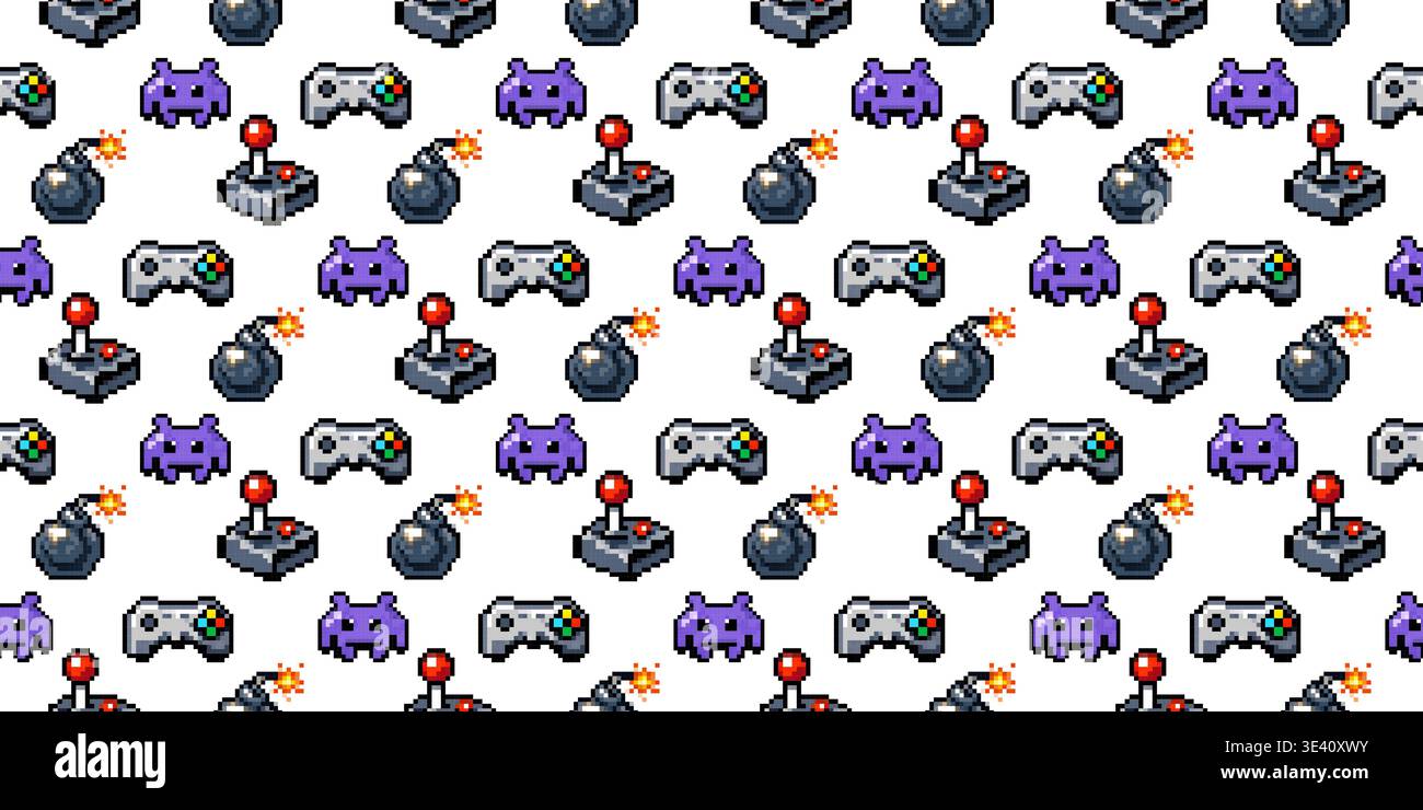 Pixel arcade game icons seamless pattern featuring controller joystick bomb and alien elements in retro 8bit style Stock Vector