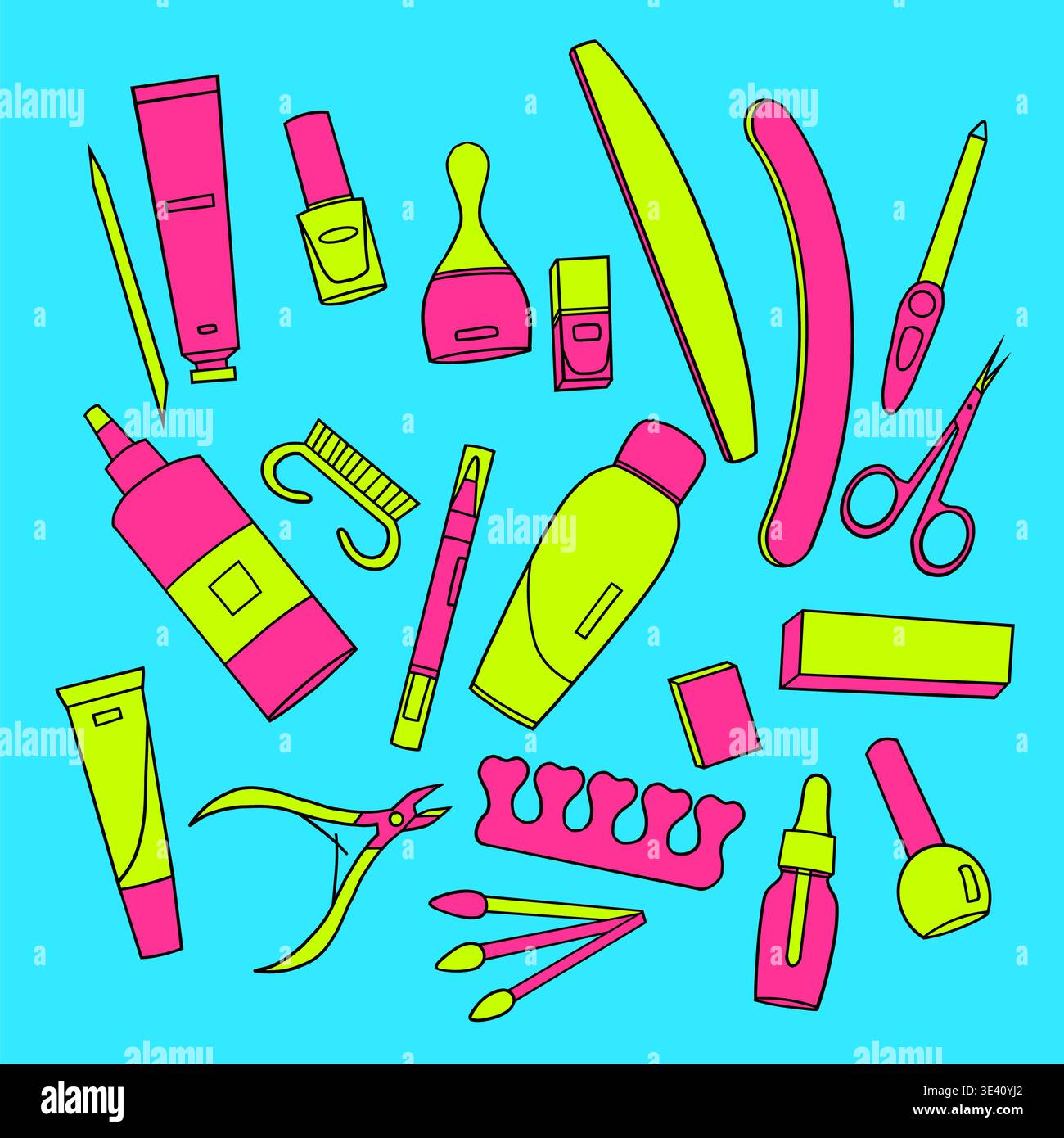 Neon Beauty Tools Set Flat Illustration with Manicure and Cosmetic Accessories Stock Vector