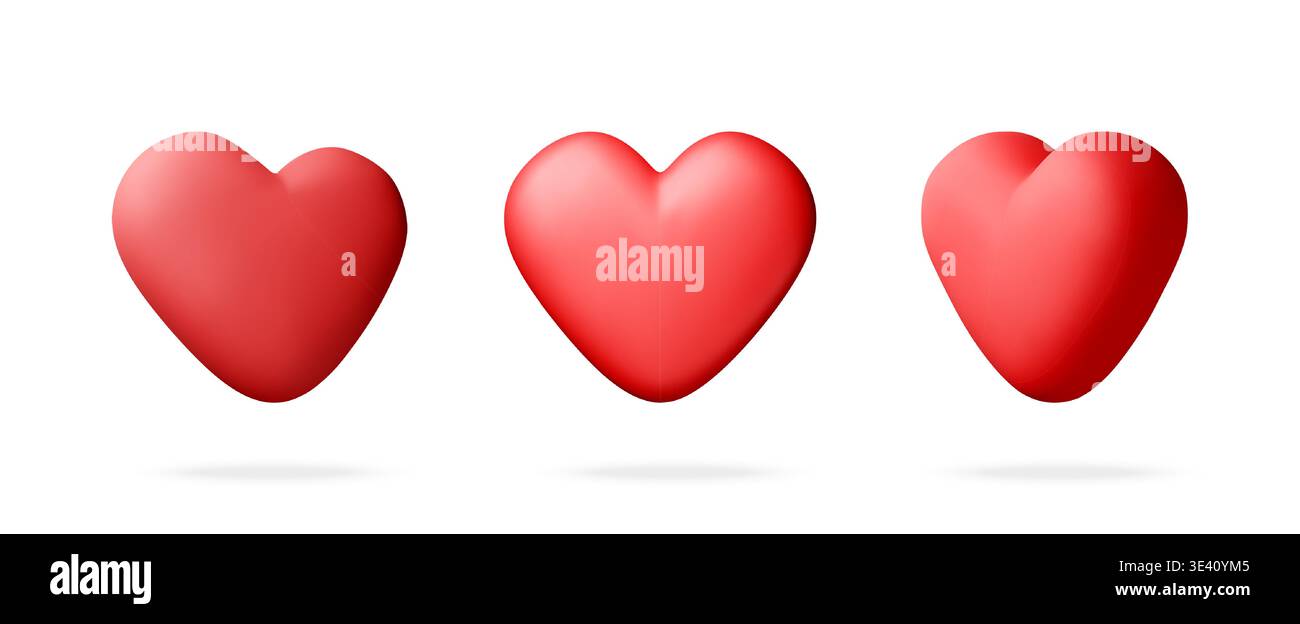 Set of 3d red hearts in different angles. Stock Vector