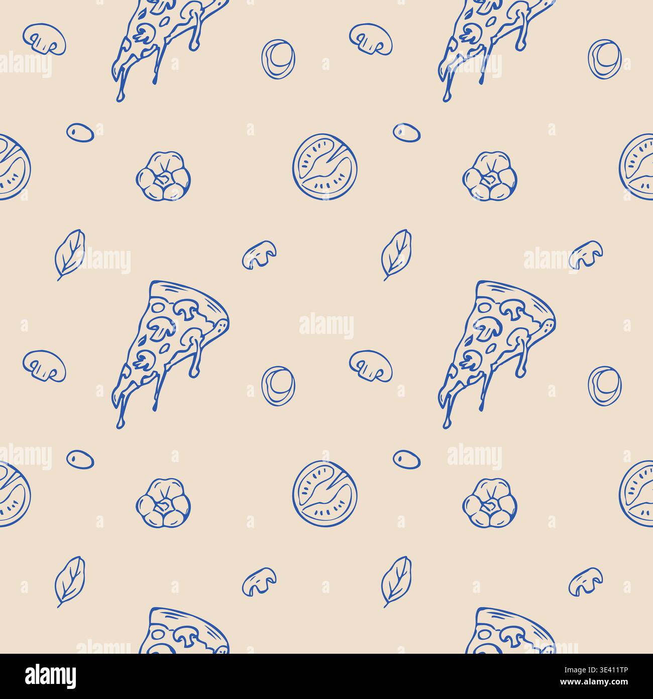 Seamless Pizza Doodle Pattern. Hand Drawn Vector Food Background Stock Vector